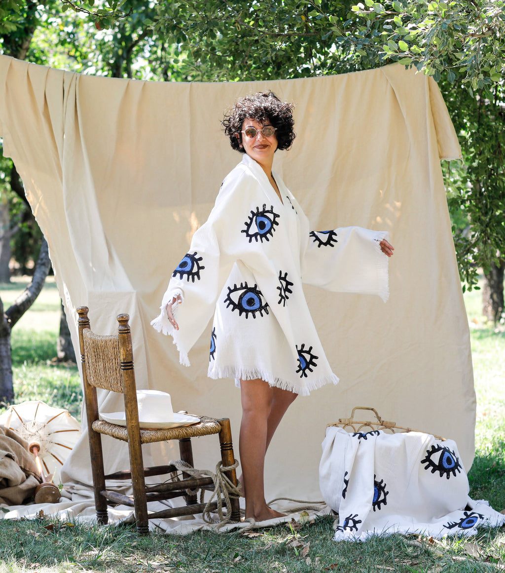 Blue Evil Eye Long Kaftan Kimono