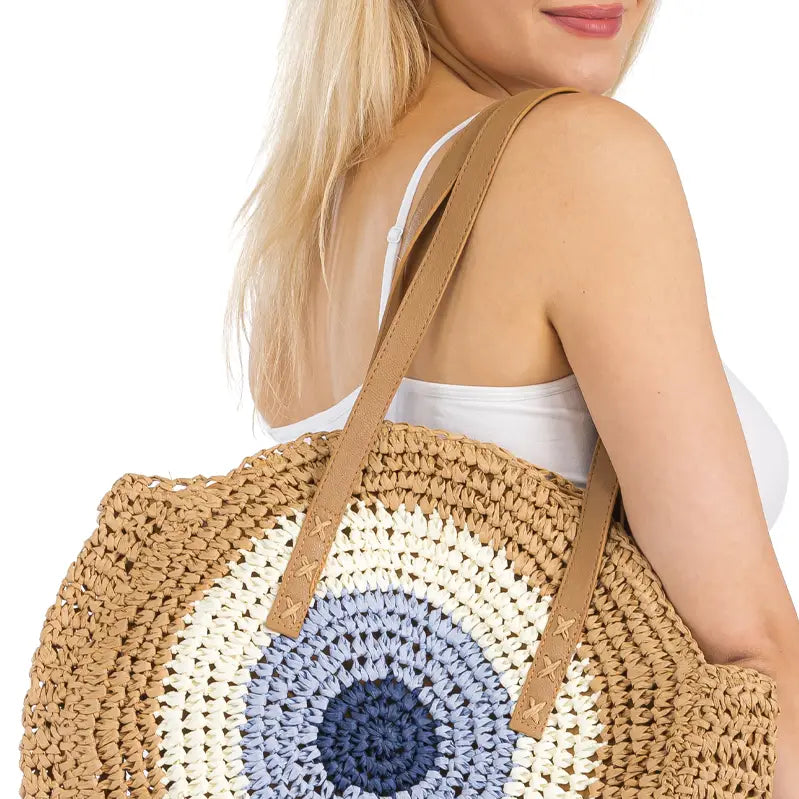 Boho Evil Eye Rattan Wicker Round Beach Tote Bag