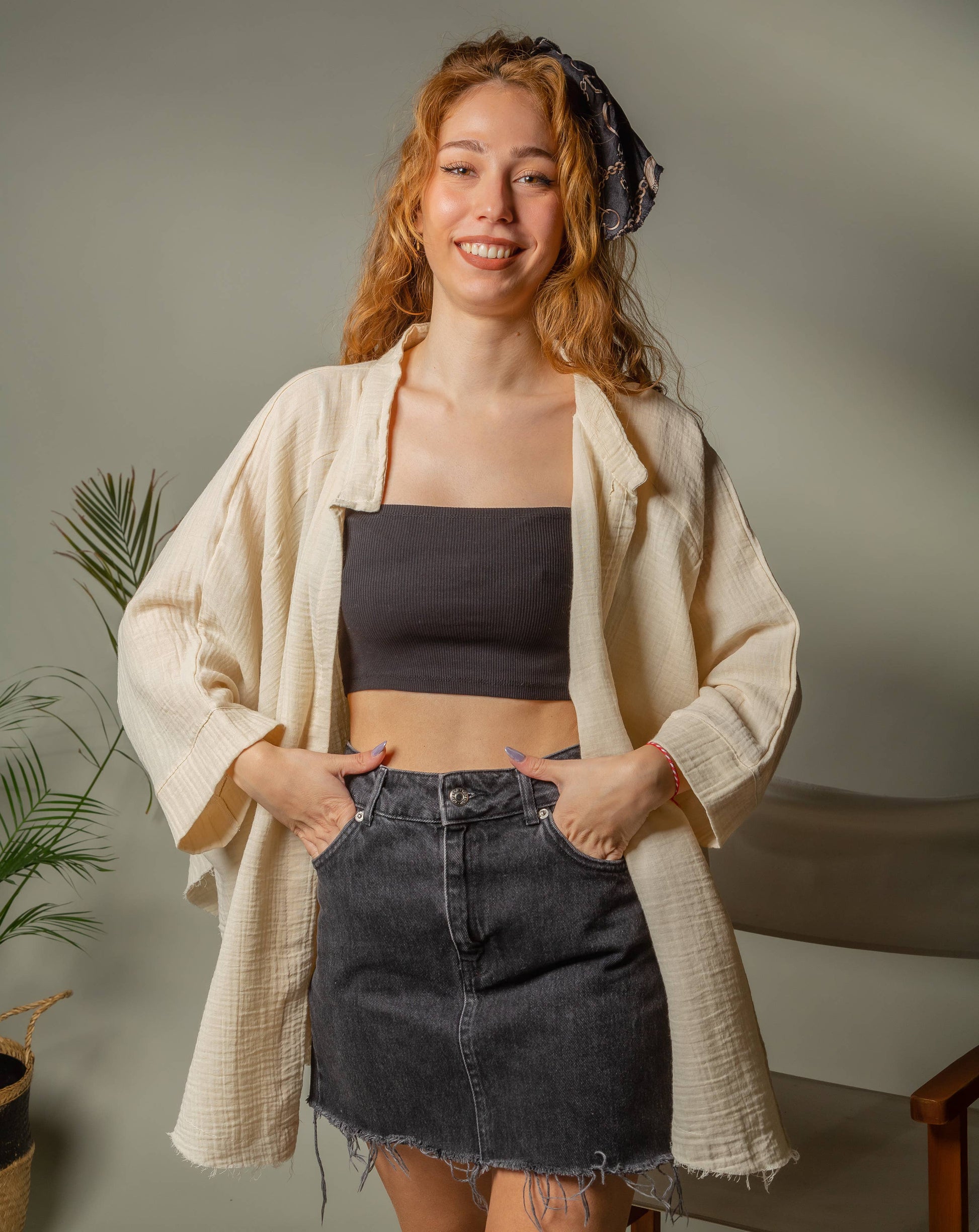 Green Muslin Kimono Robe with Golden Moon Phases / Poncho
