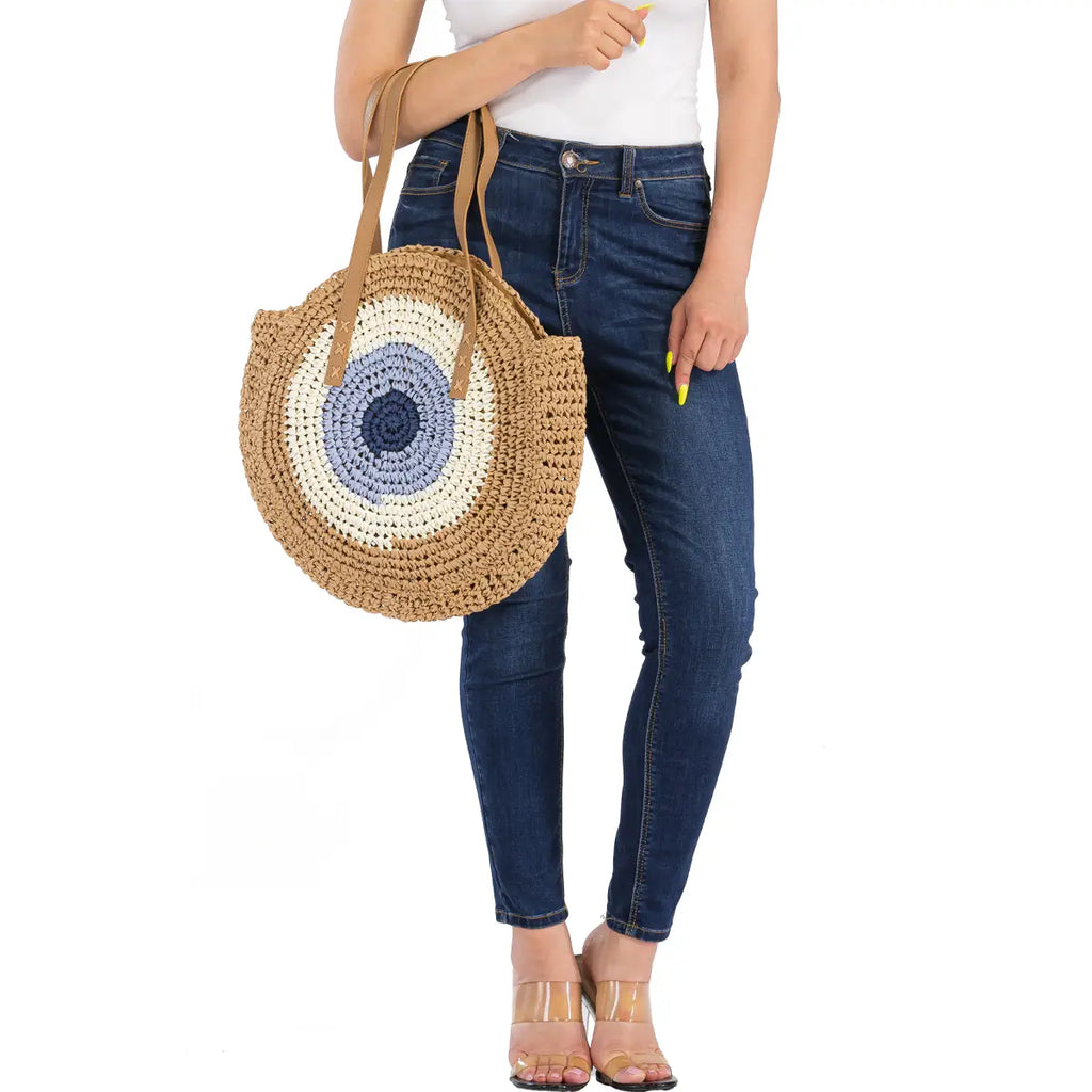 Boho Evil Eye Rattan Wicker Round Beach Tote Bag